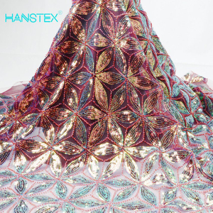 Hanstex Couture diseñador de encaje de tela bordado de lentejuelas de colores encaje con cuentas de perla nupcial encaje para vestido de noche