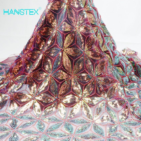 Hanstex Couture diseñador de encaje de tela bordado de lentejuelas de colores encaje con cuentas de perla nupcial encaje para vestido de noche